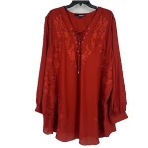 Denim 24/7 Boho Top Orange Floral Embroidered Long Sleeve Lace Up Size 30W